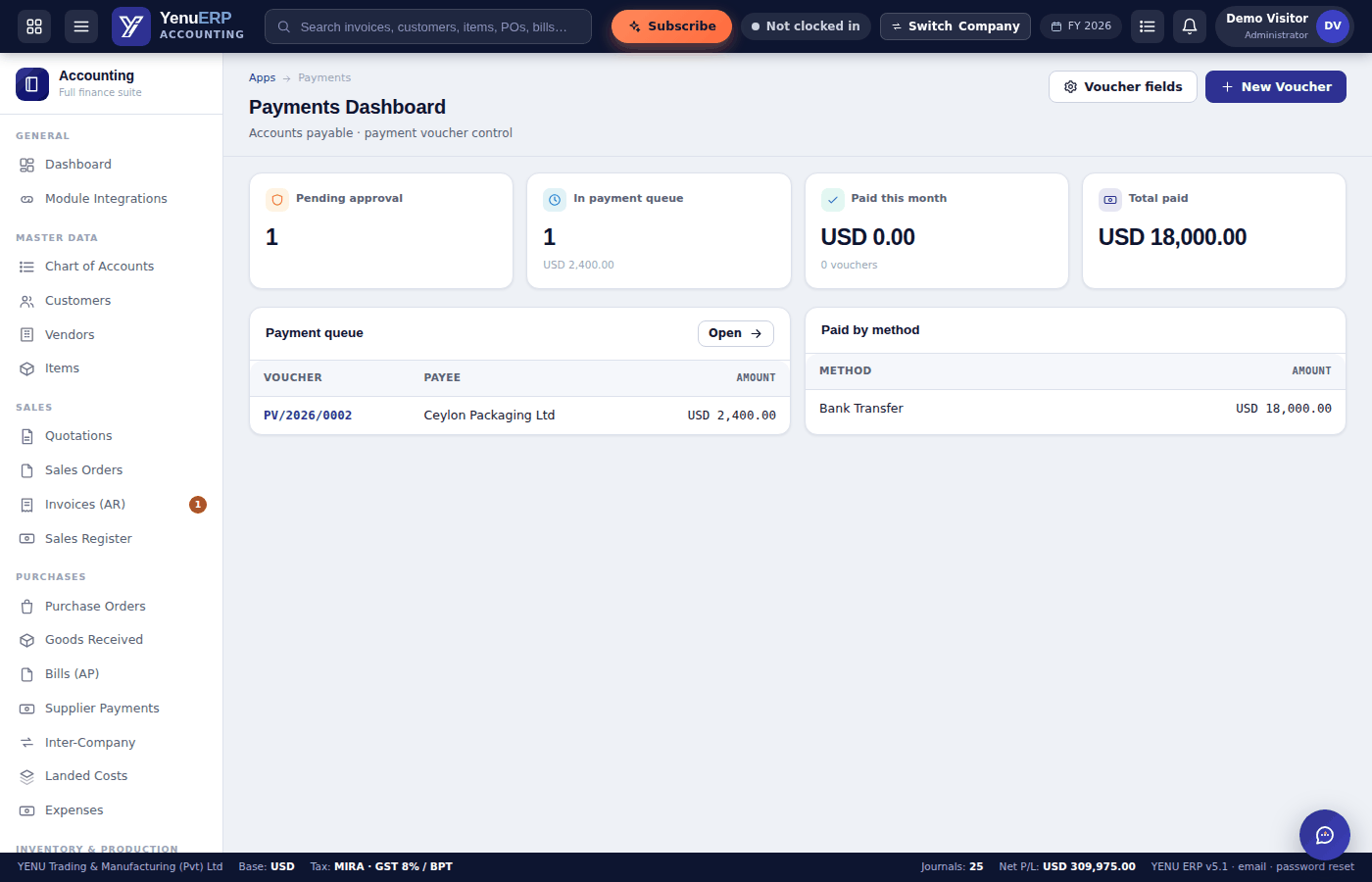 YENU ERP Payments dashboard with payment queue and approvals