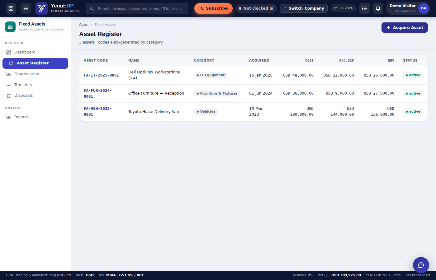 YENU ERP Fixed Assets register