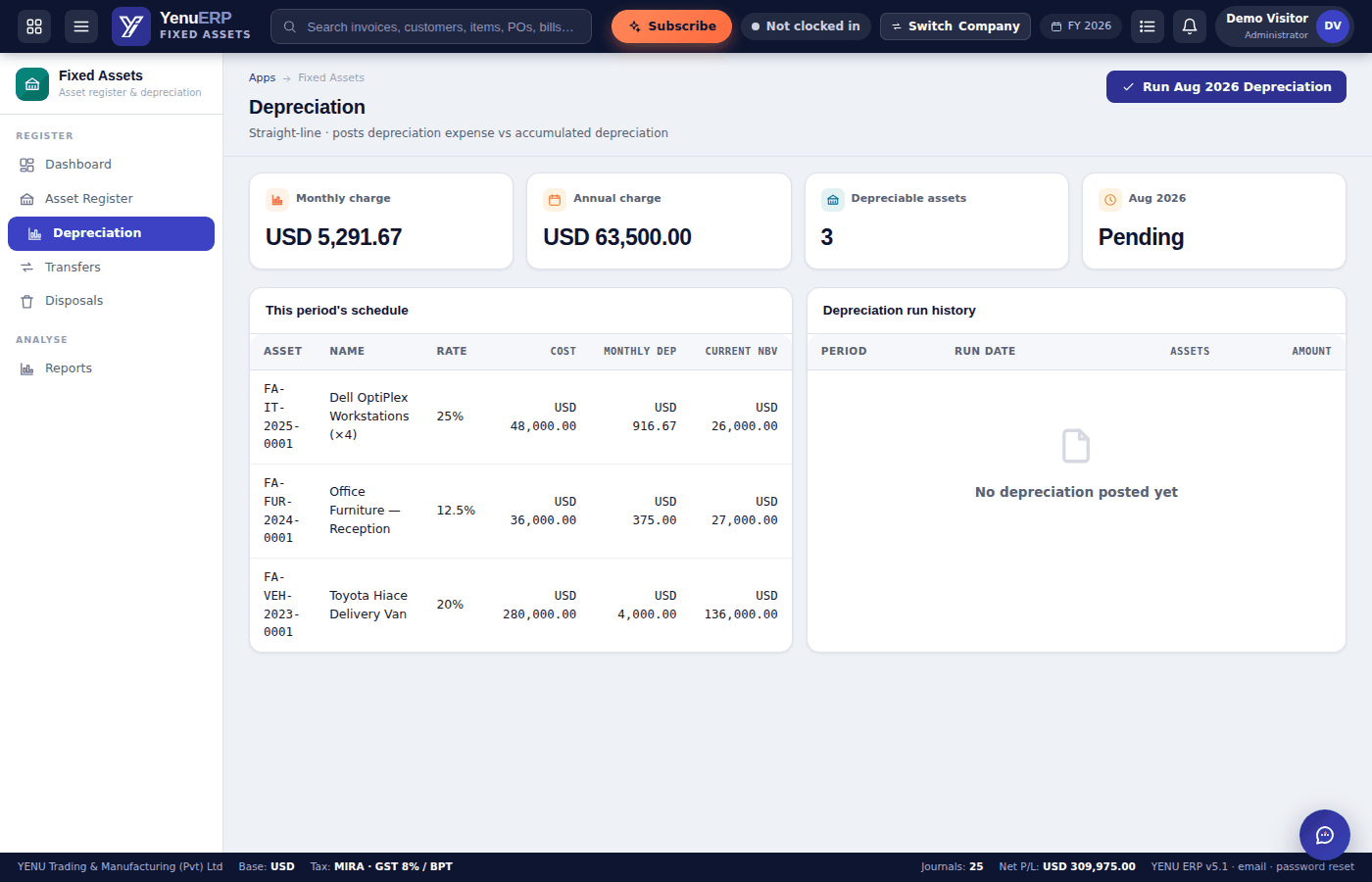 YENU ERP Fixed Assets depreciation schedule