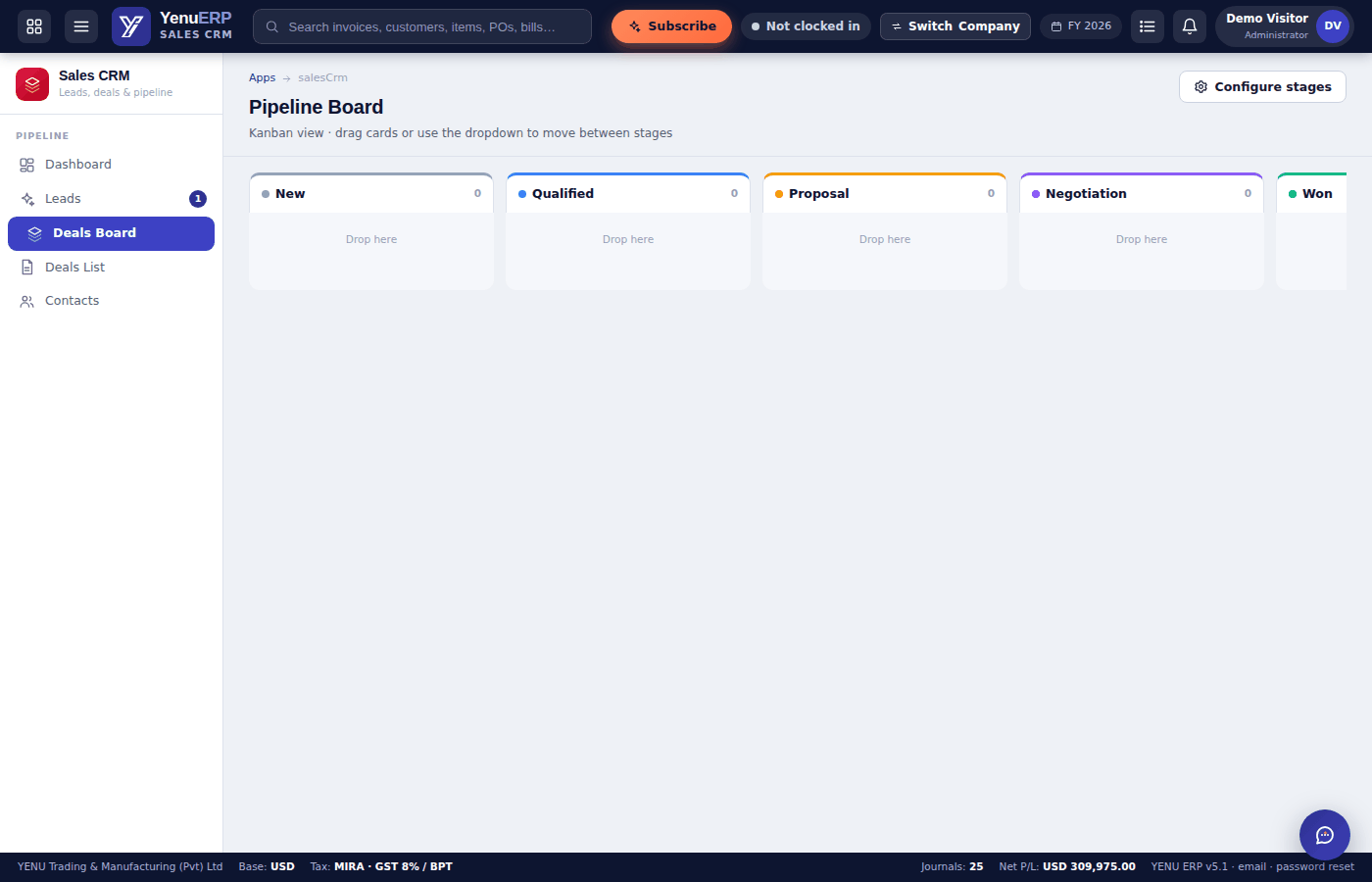 YENU ERP Sales CRM pipeline dashboard