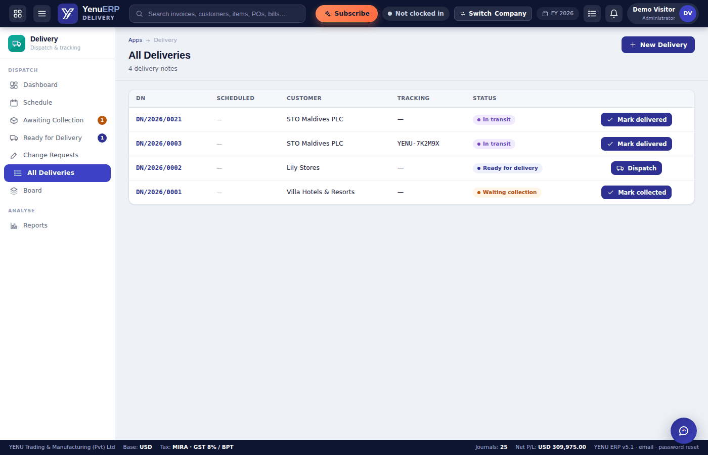 YENU ERP Delivery notes list