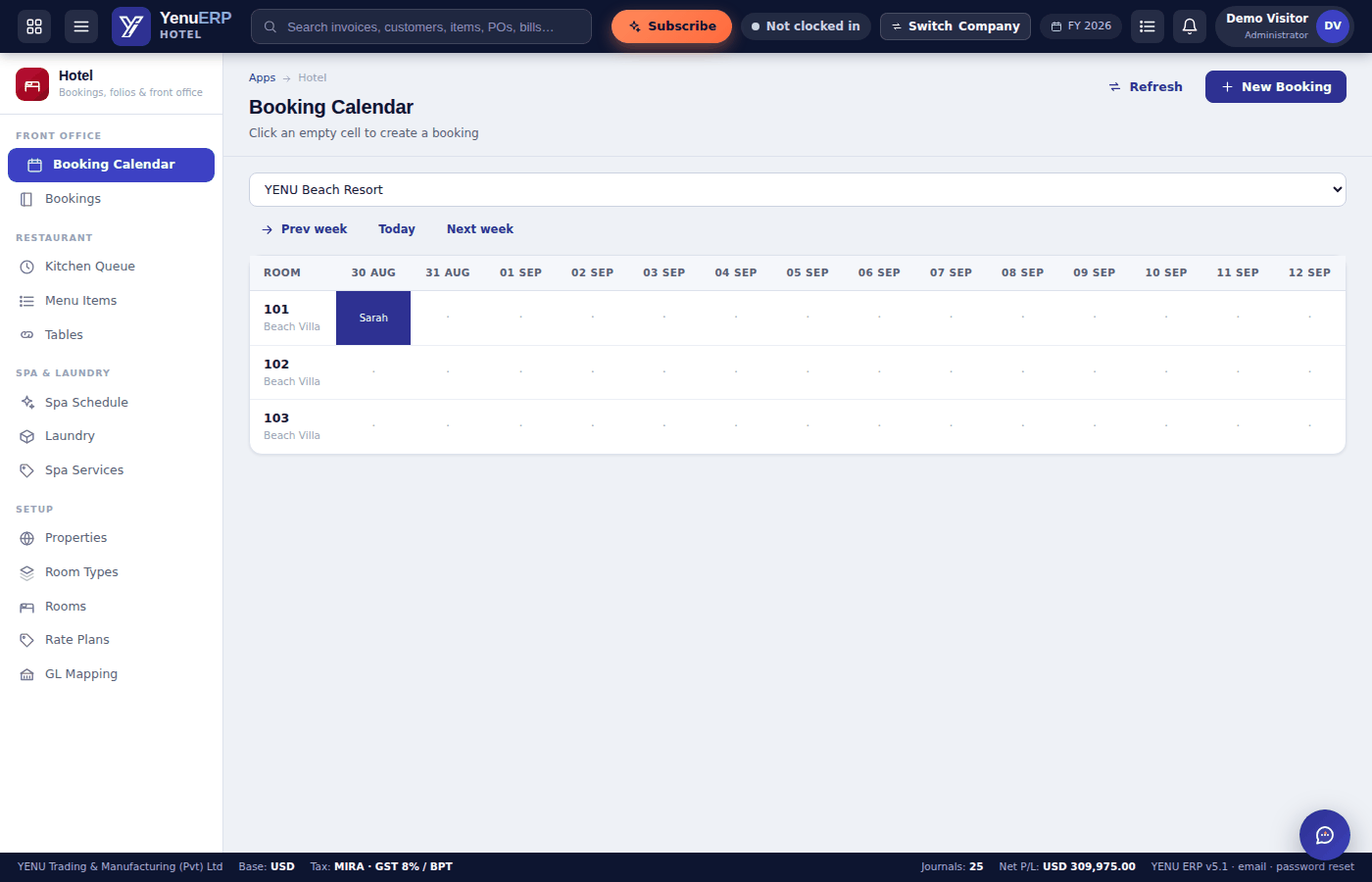 YENU ERP Hotel booking calendar
