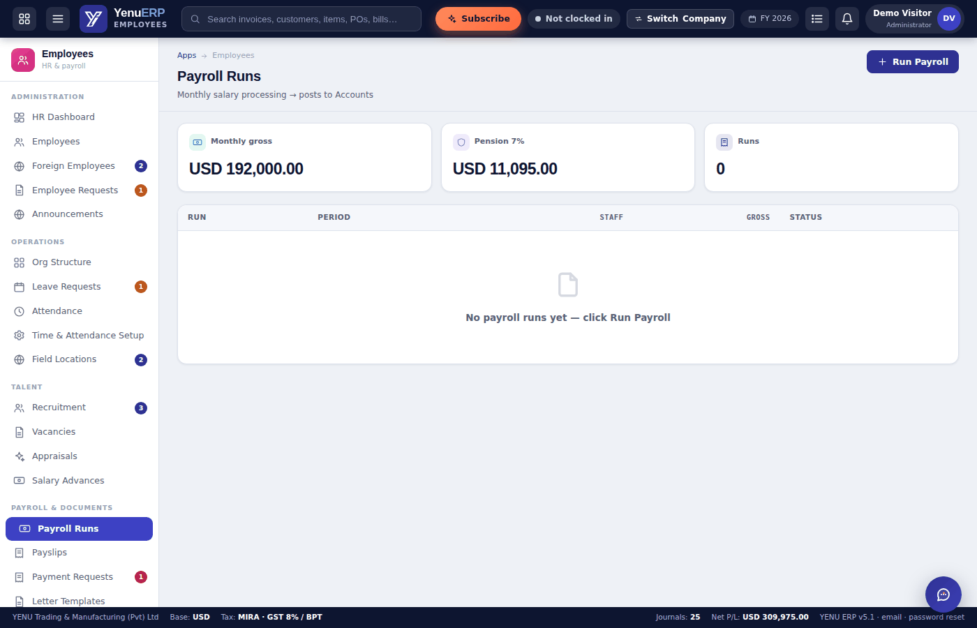 YENU ERP HR Payroll runs