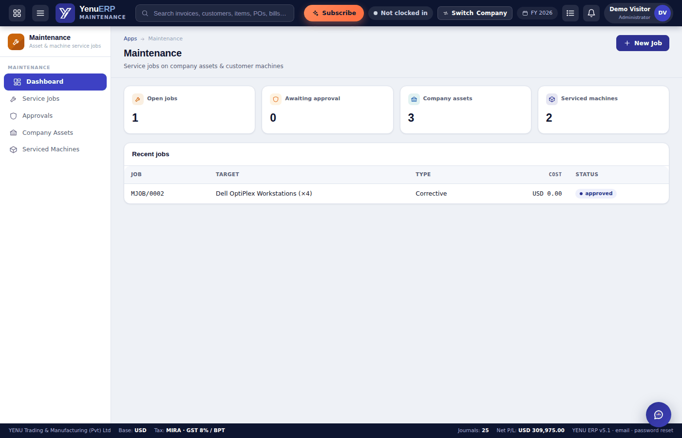 YENU ERP Maintenance dashboard