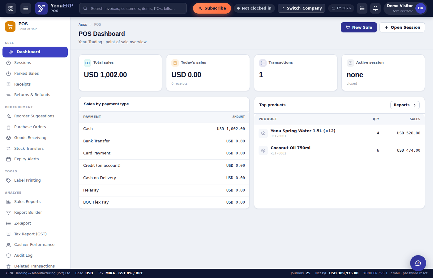 YENU ERP POS dashboard showing total sales, transactions and sales by payment type