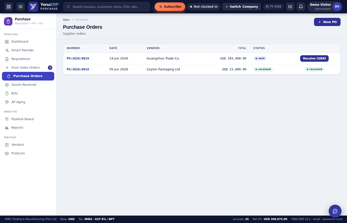 YENU ERP Purchase Orders list