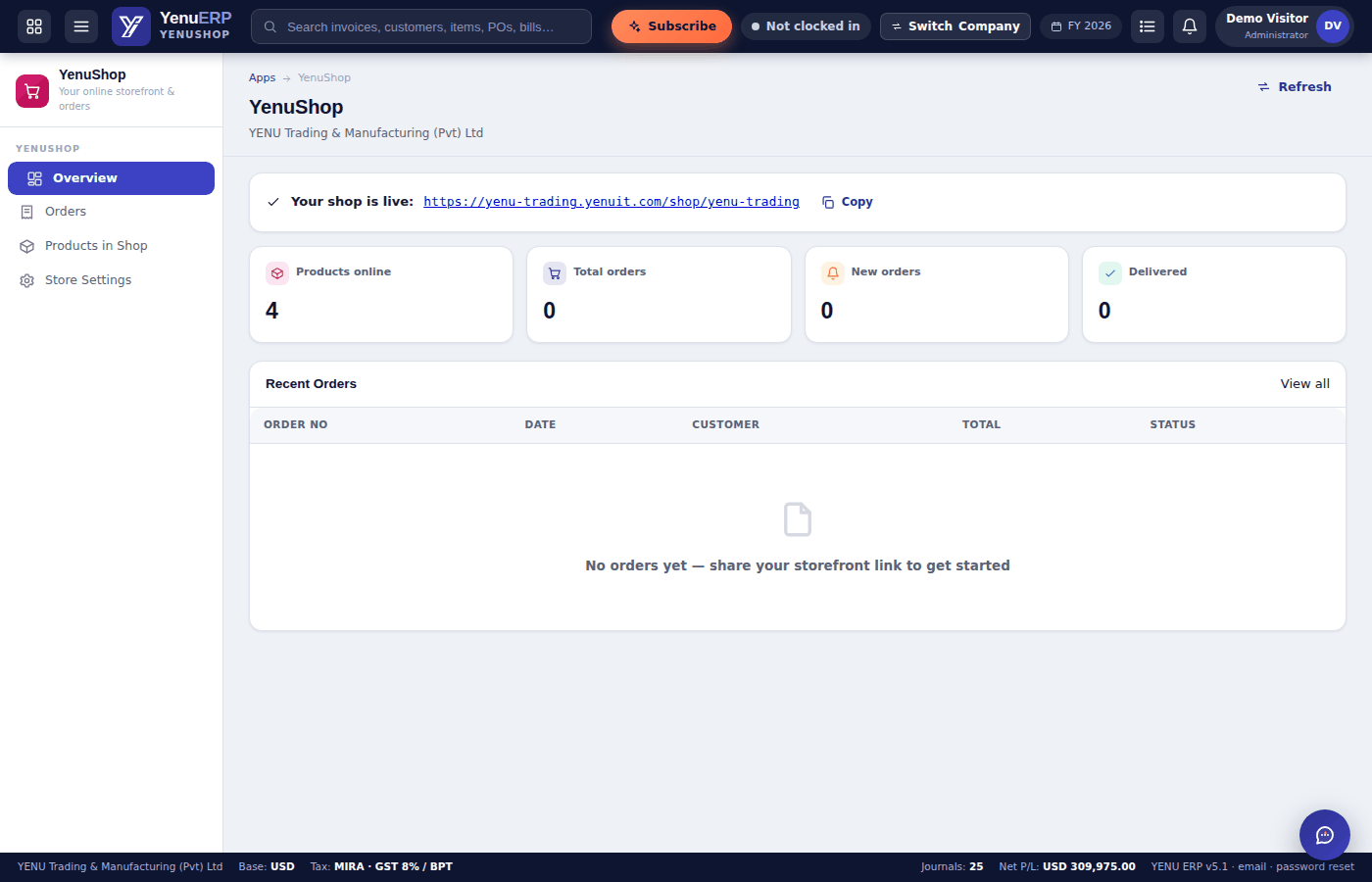 YENU ERP YenuShop storefront overview