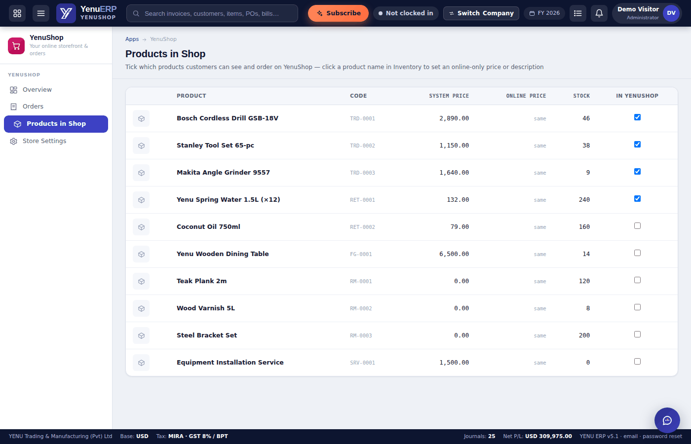 YENU ERP YenuShop products in shop